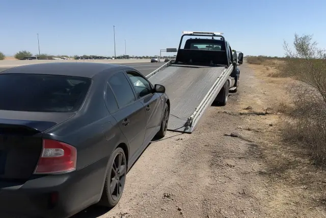 Tow truck loading a disabled vehicle on a highway shoulder in Phoenix, AZ.