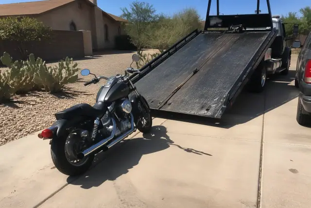 Motorcycle being loaded onto a tow truck on a driveway in Phoenix, AZ.