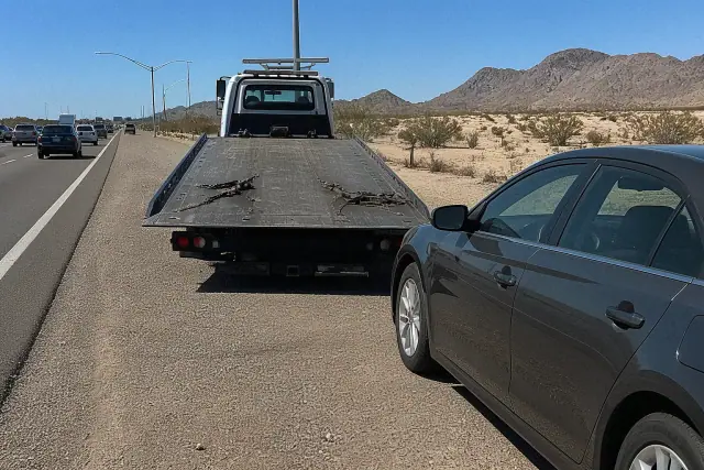 A flatbed tow truck securing a disabled vehicle on a gravel shoulder along a highway in Gilbert, AZ.