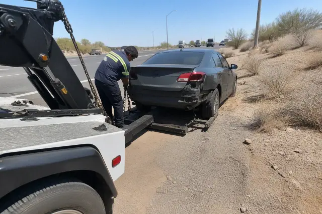 A tow truck securing a disabled vehicle on a gravel roadside in Avondale, AZ with traffic in the background.