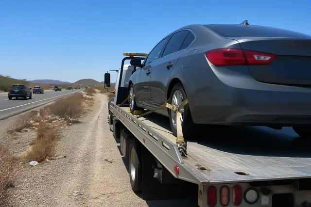 A disabled vehicle secured by straps and chocks on a flatbed tow truck on a highway shoulder in Phoenix, AZ.