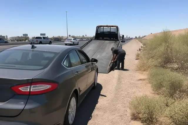 Disabled vehicle on a highway shoulder in Glendale, AZ with passing traffic in the background.