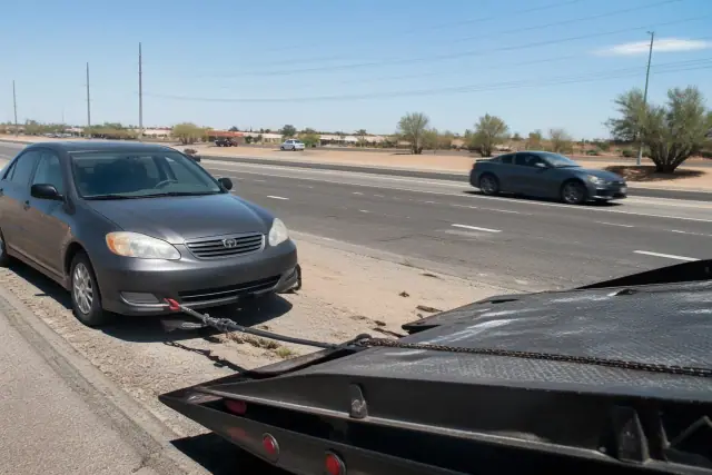 A tow truck with a lowered bed at a highway incident on a gravel shoulder in Mesa, AZ, with traffic in the background.