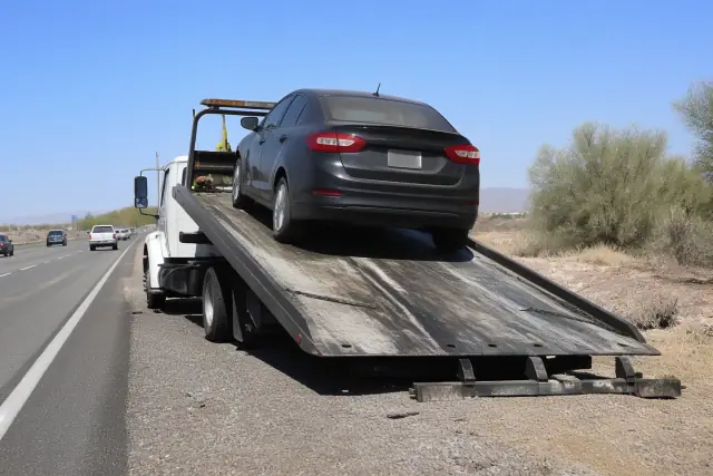 A flatbed tow truck winching a disabled vehicle onto its deck on the side of a highway in Surprise, AZ.
