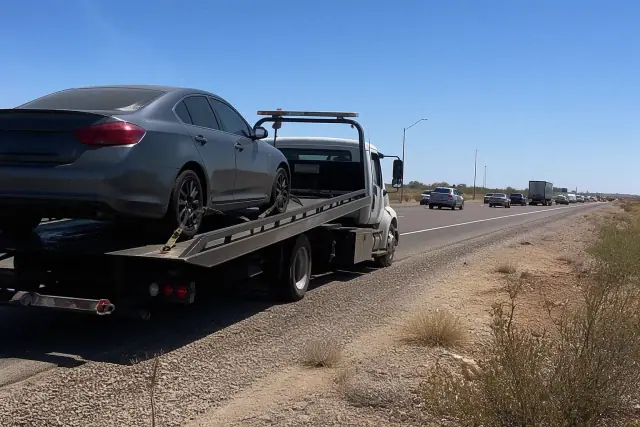 A vehicle being secured to a tow truck on a highway shoulder in Chandler, AZ with desert vegetation in the background.