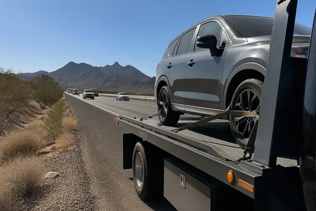A tow truck with a hydraulic bed securing a disabled vehicle on a highway shoulder in Phoenix, AZ.