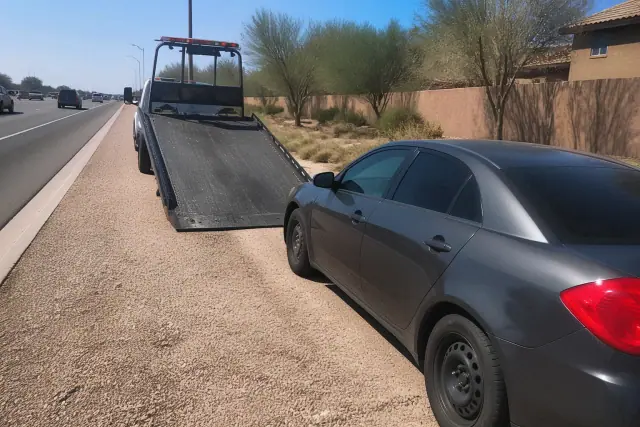 Long Distance Towing truck with hydraulic bed parked on a roadside shoulder in Peoria, AZ.