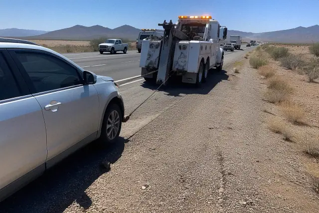 A tow truck with flashing lights hooked to a disabled vehicle on a gravel shoulder in Goodyear, AZ with mountains behind.