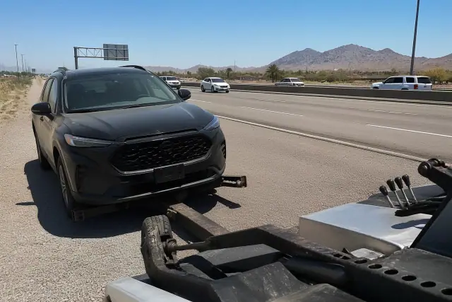 A disabled vehicle hooked to a tow truck on the side of a highway in Phoenix, AZ with desert mountains in the background.