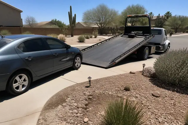 A vehicle parked on a residential driveway in Phoenix, AZ, being winched onto a tow truck bed.