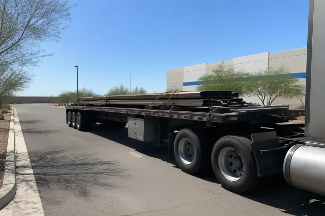 Heavy-duty flatbed truck with transport chains parked in an industrial lot in Phoenix, AZ.