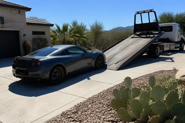 Luxury car being winched onto a flatbed tow truck on a residential driveway in Phoenix, AZ.