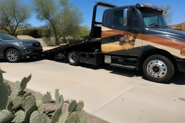 A tow truck with a geometric badge parked on a concrete driveway in Phoenix, AZ.
