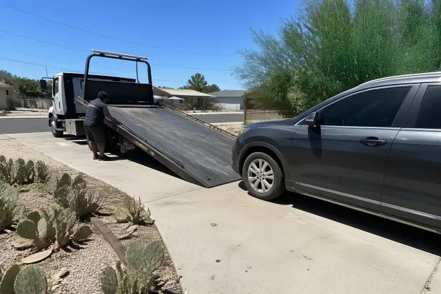 A vehicle on a concrete driveway in Phoenix, AZ, positioned to be winched onto a tow truck bed.