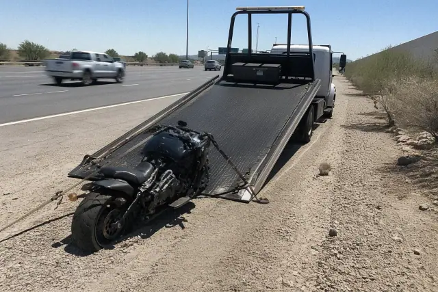 Disabled motorcycle being secured onto a hydraulic tow truck on a highway shoulder in Phoenix, AZ.