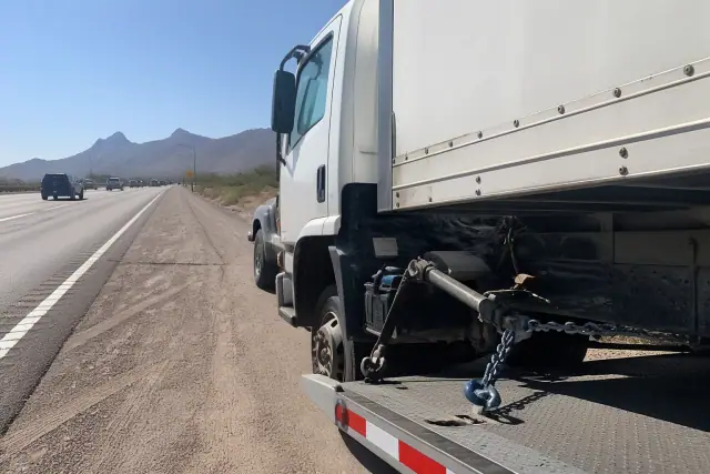 Medium-duty commercial vehicle being secured by chains on a roadside in Phoenix, AZ.