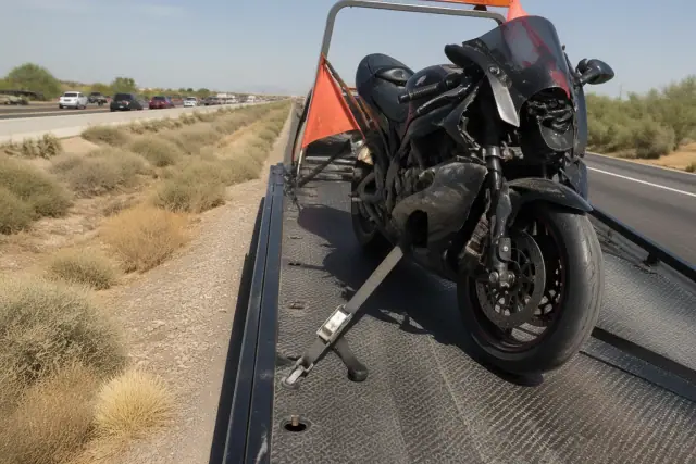 A motorcycle secured to a flatbed tow truck with straps on a gravel shoulder in Phoenix, AZ.
