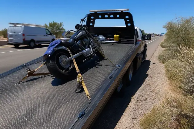 A motorcycle secured with ratchet straps on a tow truck bed on a roadside in Phoenix, AZ.