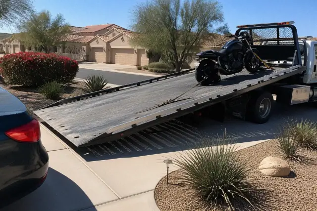 Motorcycle secured with tie-down straps on a tow truck flatbed in a Phoenix, AZ driveway.