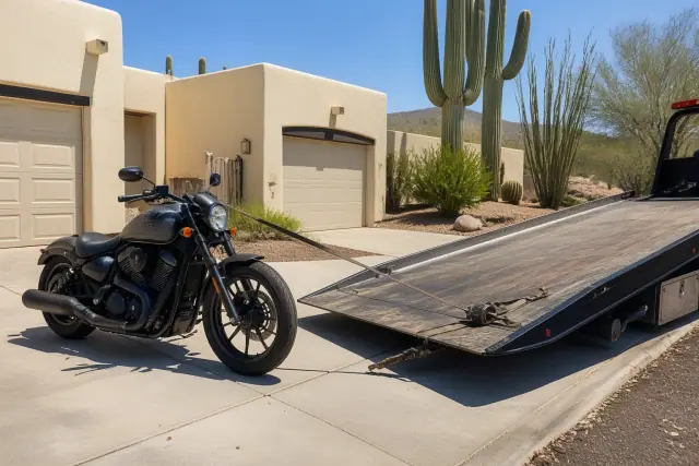 Motorcycle being secured to a flatbed tow truck on a residential driveway in Scottsdale, AZ.