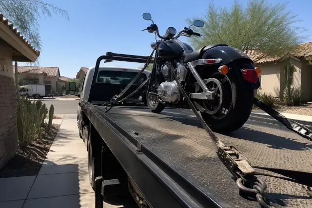 A motorcycle securely strapped to a flatbed tow truck on a residential driveway in Phoenix, AZ.