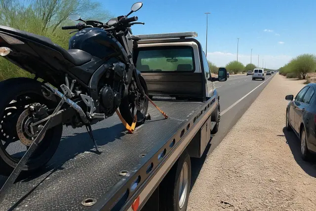 A motorcycle secured with straps on a flatbed tow truck on a desert roadside in Glendale, AZ.