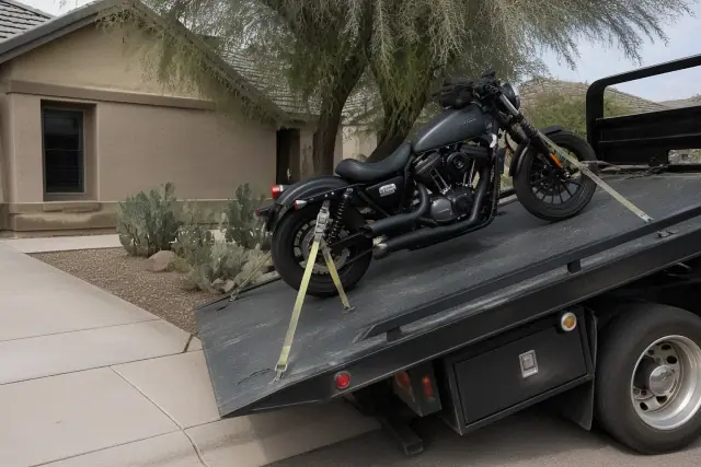 Motorcycle secured with straps on a tow truck bed in a residential driveway in Avondale, AZ.
