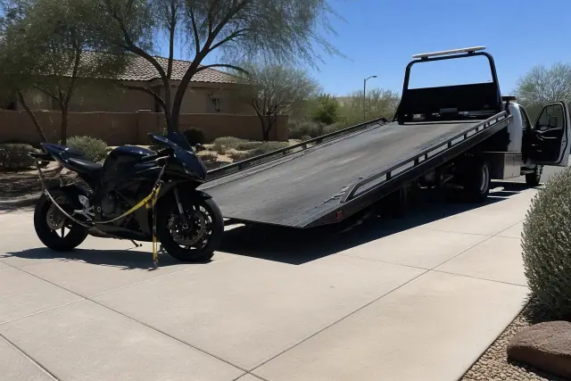 Motorcycle strapped onto a tow truck bed in a residential driveway in Gilbert, AZ.
