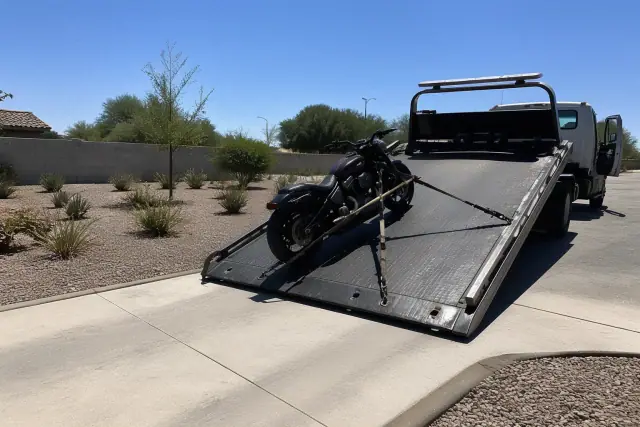 A motorcycle being secured with straps onto a tow truck ramp on a driveway in Peoria, AZ.