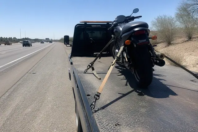 A motorcycle secured with straps on a flatbed tow truck on a highway shoulder in Phoenix, AZ.