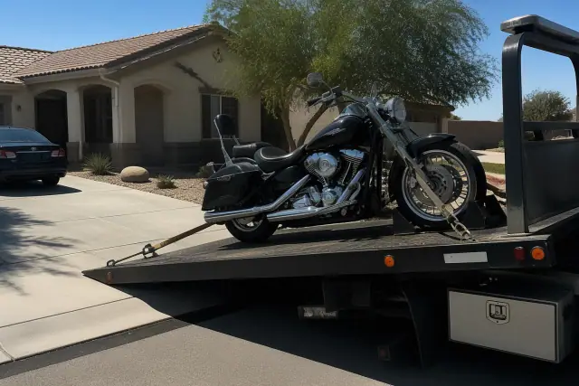 Motorcycle being secured to a tow truck on a residential driveway in Chandler, AZ.