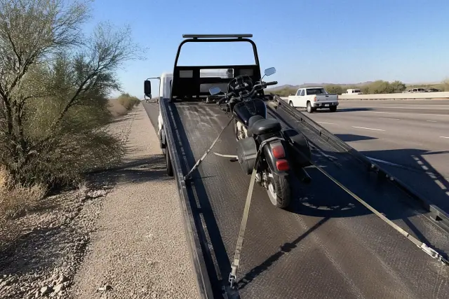 Motorcycle being secured with tie-down straps on a flatbed tow truck on a roadside in Goodyear, AZ.