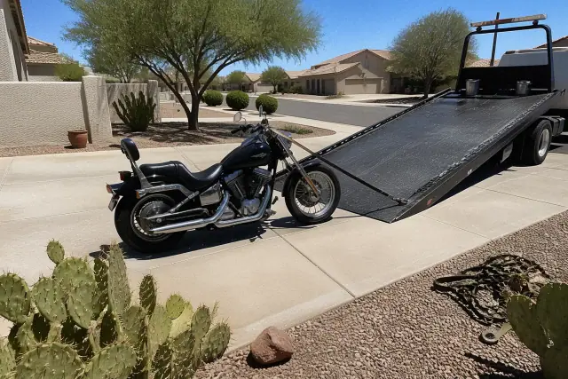 Motorcycle strapped to a tow truck bed on a residential driveway in Surprise, AZ.