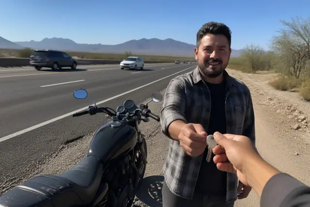 Technician handing keys to a motorcycle owner on a roadside in Phoenix, AZ with desert mountains in the background.