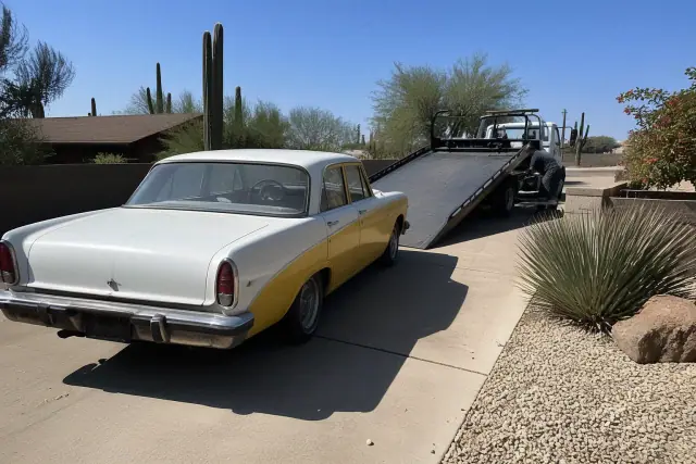 Vehicle being winched onto a tow truck on a driveway in Phoenix, AZ, with desert landscaping in the background.