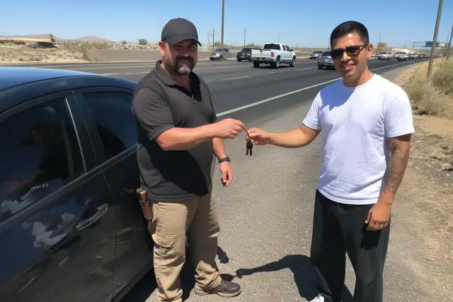 A technician hands keys to a car owner beside a disabled vehicle on a roadside in Phoenix, AZ.