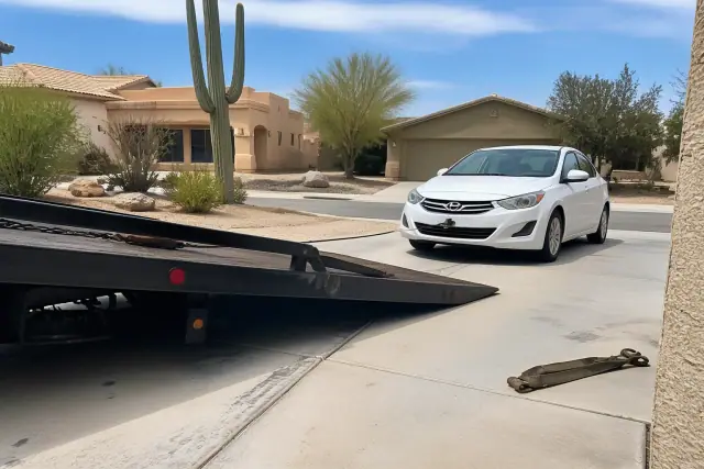 Disabled sedan being winched onto a flatbed tow truck on a residential driveway in Phoenix, AZ.