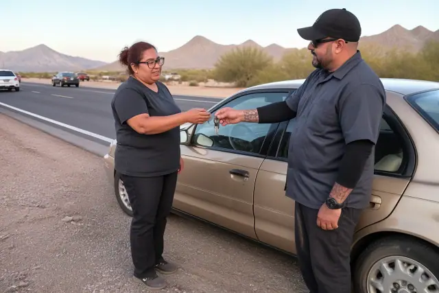 Technician returning a metal key to a customer after a car lockout service on a roadside in Phoenix, AZ.