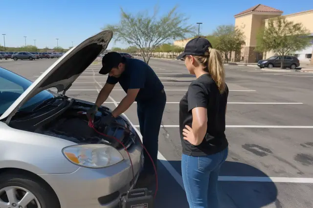 Technician performing a jump-start on a car with the hood open in a Phoenix, AZ shopping center parking lot.