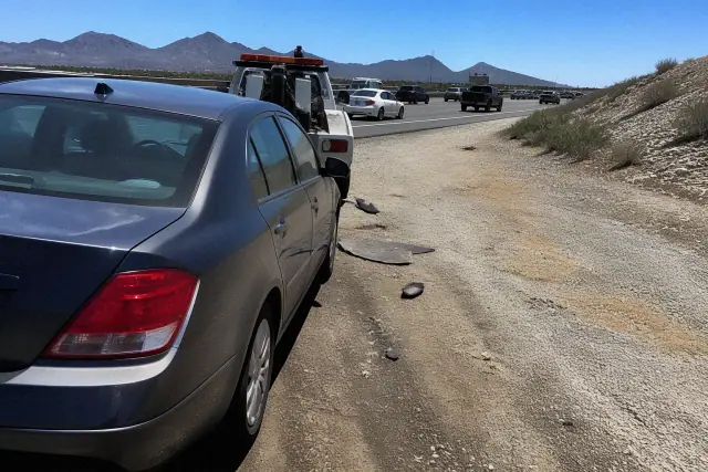 A disabled vehicle parked on the gravel shoulder of a Phoenix, AZ road with mountain views in the background.