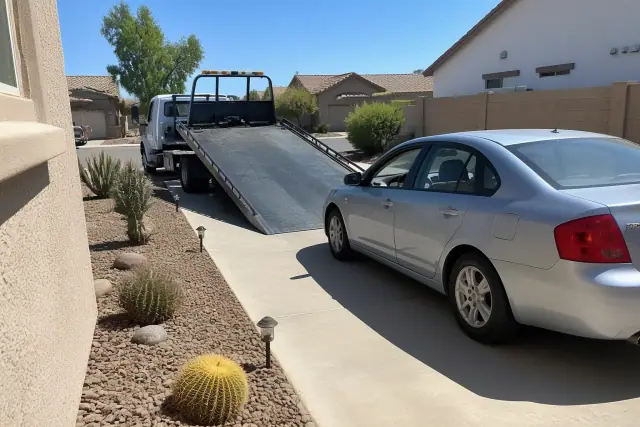 Vehicle on a flatbed tow truck in a residential driveway in Phoenix, AZ.