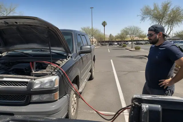 Jumper cables connected to a truck battery in a sunlit parking lot in Phoenix, AZ.