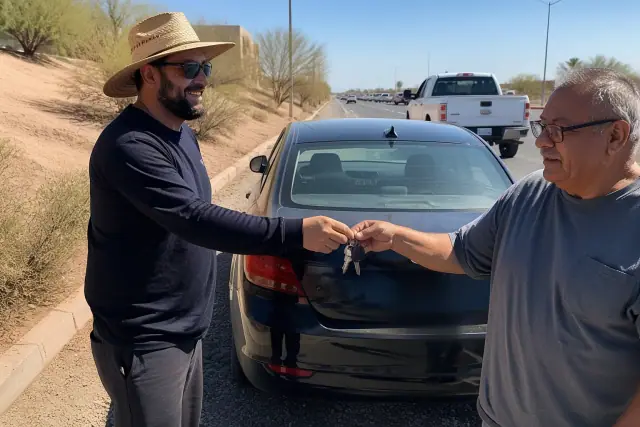 A contractor handing car keys to a customer beside a disabled vehicle on a sunny roadside in Phoenix, AZ.