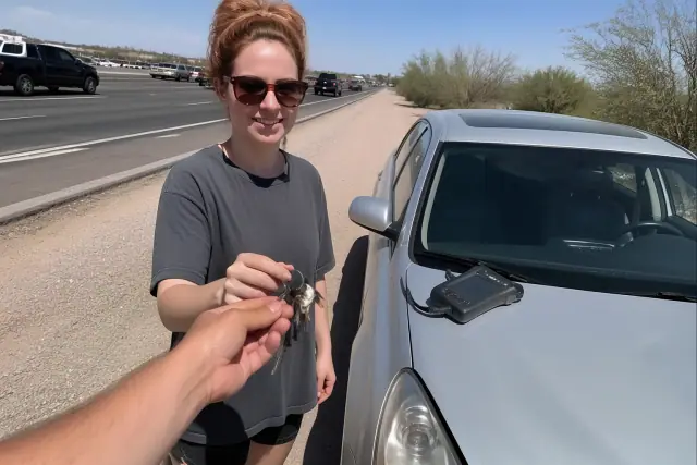 Technician returning car keys to a driver next to their vehicle on a roadside in Phoenix, AZ.