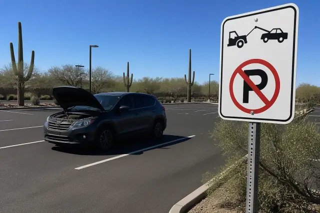 Tow-away sign at a parking lot with a vehicle and saguaro cactus in the background in Phoenix, AZ.
