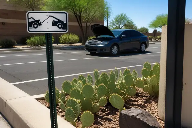 A tow-away sign at a Phoenix, AZ parking lot with a vehicle featuring an open hood and prickly pear cactus nearby.