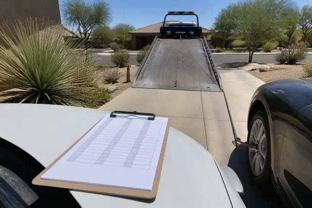 Clipboard on a vehicle hood detailing repair shop drop-off timing on a driveway in Phoenix, AZ.