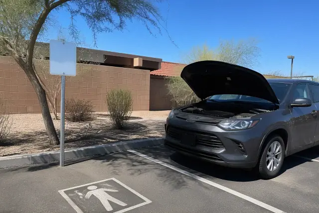 Required signage at a private parking lot with a car under repair in Phoenix, AZ.