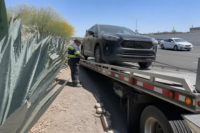 A disabled vehicle being winched onto a flatbed truck on a highway shoulder in Phoenix, AZ.
