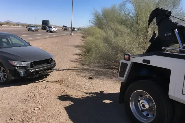 A disabled vehicle on a roadside gravel shoulder with a winch cable attached in Phoenix, AZ.